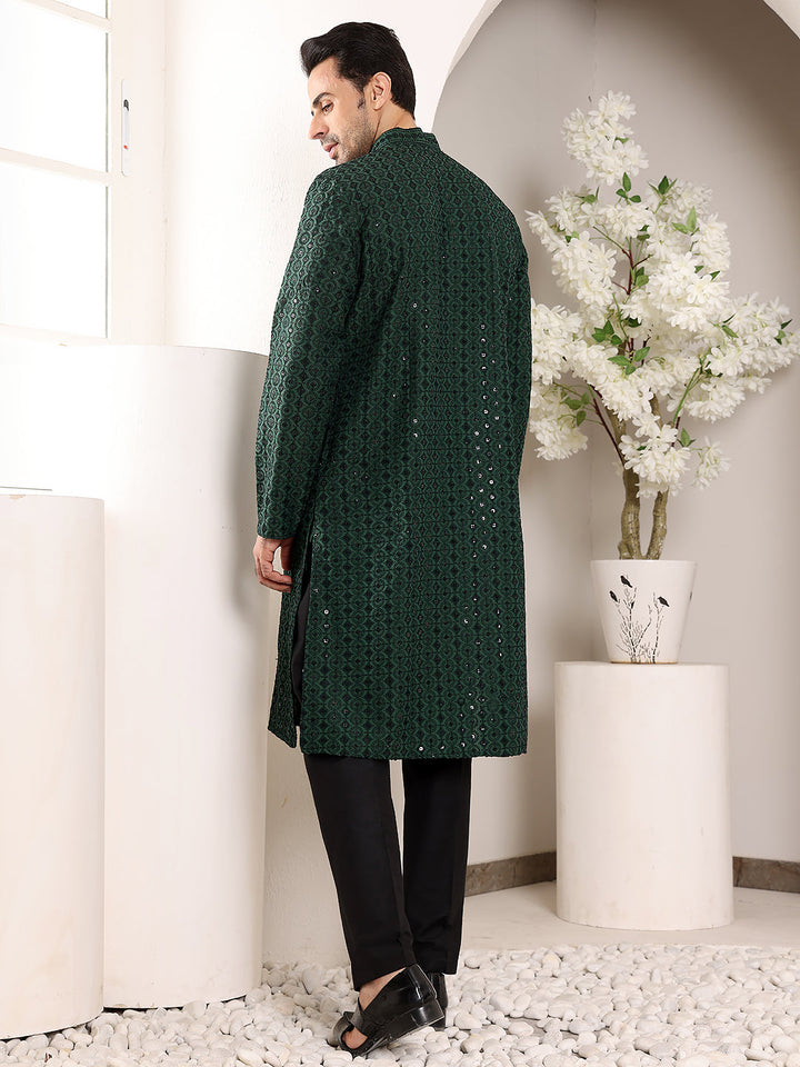 Men's Long Sleeve Mandarin Collar Dark Green Straight Viscose Silk Kurta with Embroidered Neckline and Motifs | SHOBITAM