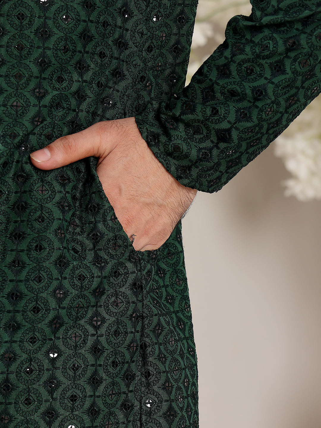 Men's Long Sleeve Mandarin Collar Dark Green Straight Viscose Silk Kurta with Embroidered Neckline and Motifs | SHOBITAM