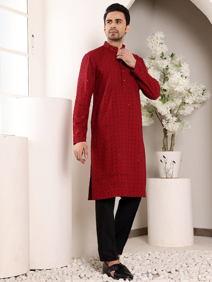 Men's Long Sleeve Mandarin Collar Red Straight Viscose Silk Kurta with Embroidered Neckline and Motifs | SHOBITAM