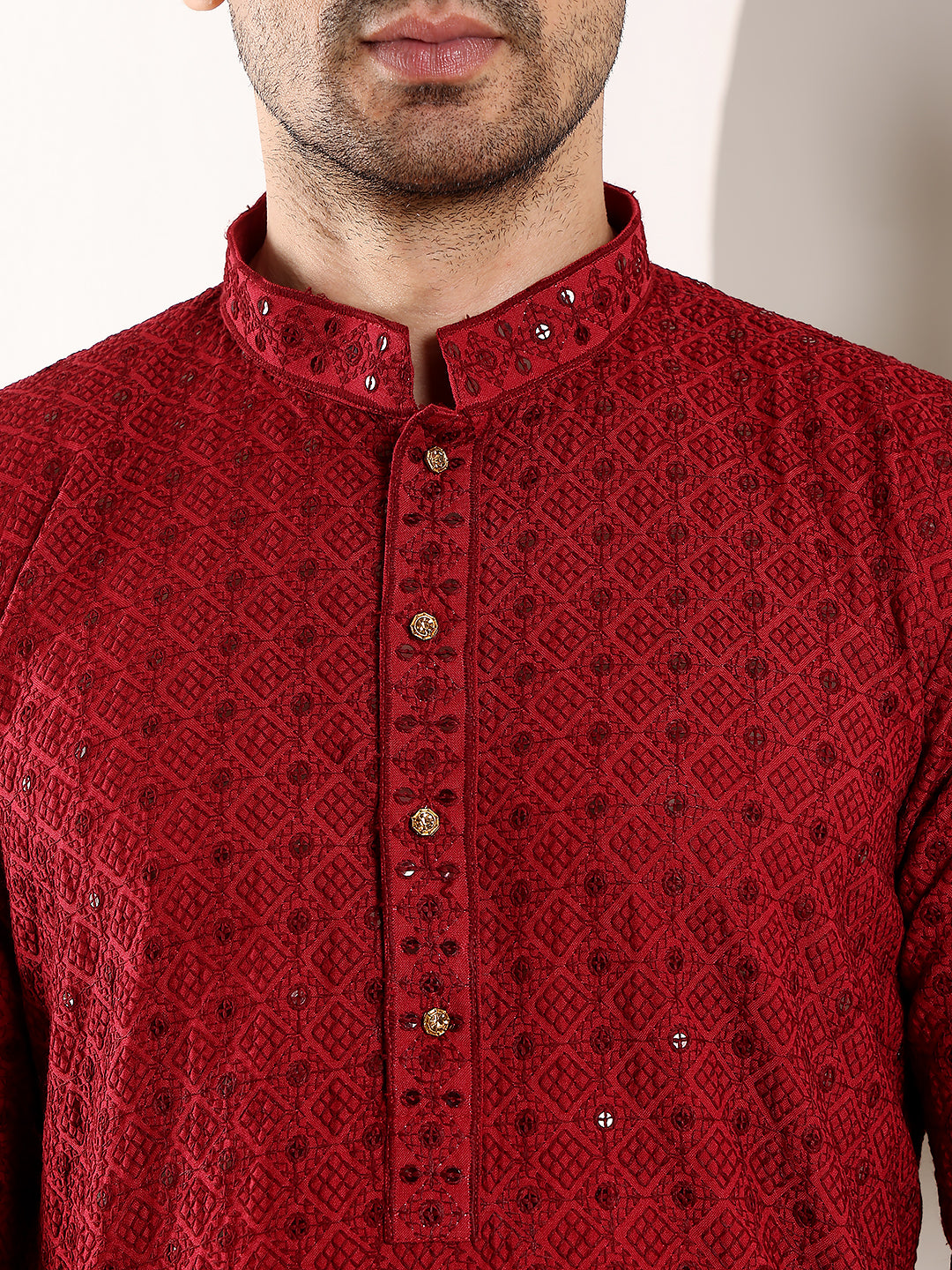 Men's Long Sleeve Mandarin Collar Red Straight Viscose Silk Kurta with Embroidered Neckline and Motifs | SHOBITAM