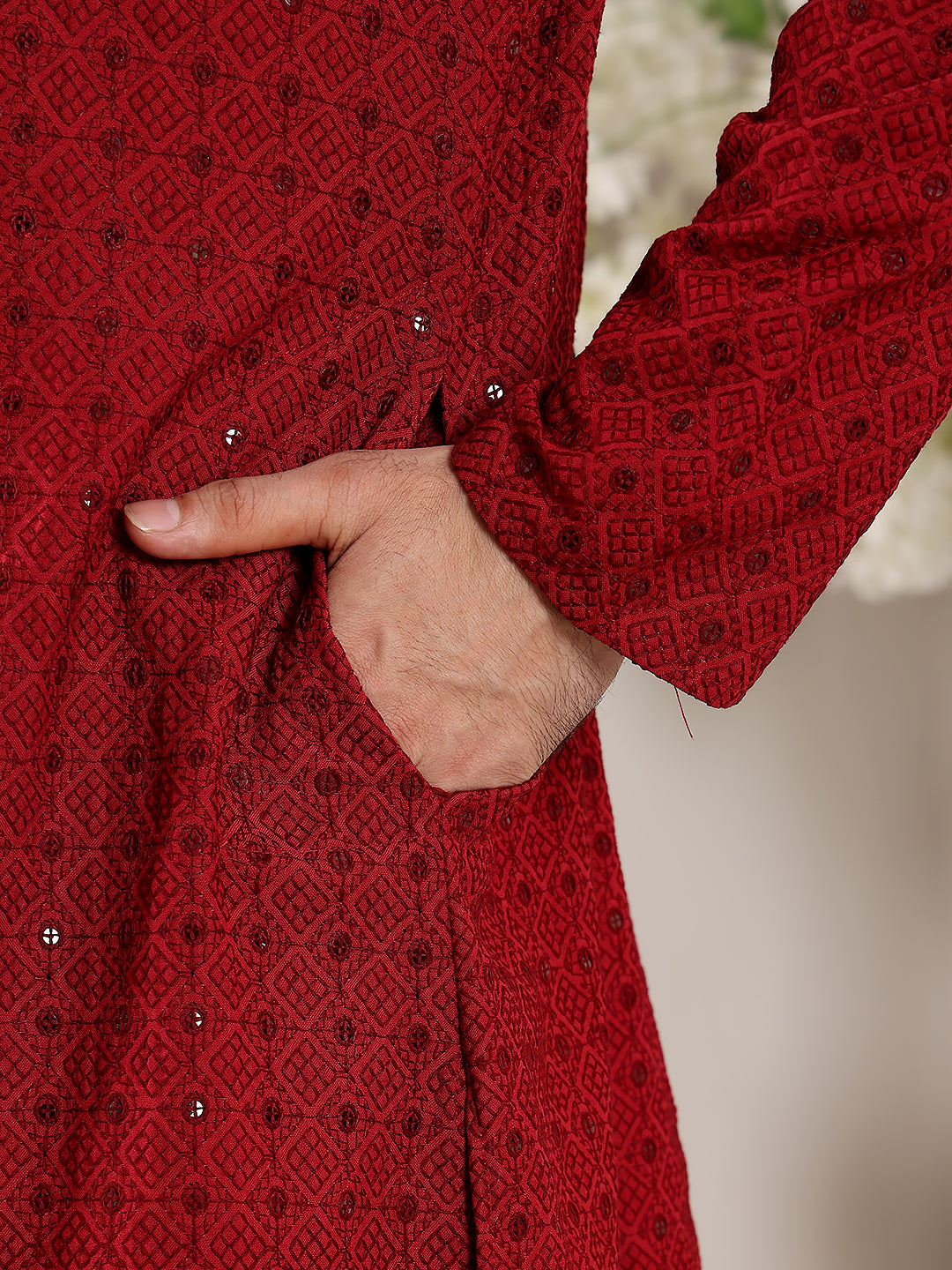 Men's Long Sleeve Mandarin Collar Red Straight Viscose Silk Kurta with Embroidered Neckline and Motifs | SHOBITAM