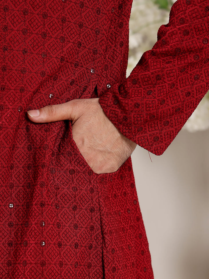 Men's Long Sleeve Mandarin Collar Red Straight Viscose Silk Kurta with Embroidered Neckline and Motifs | SHOBITAM