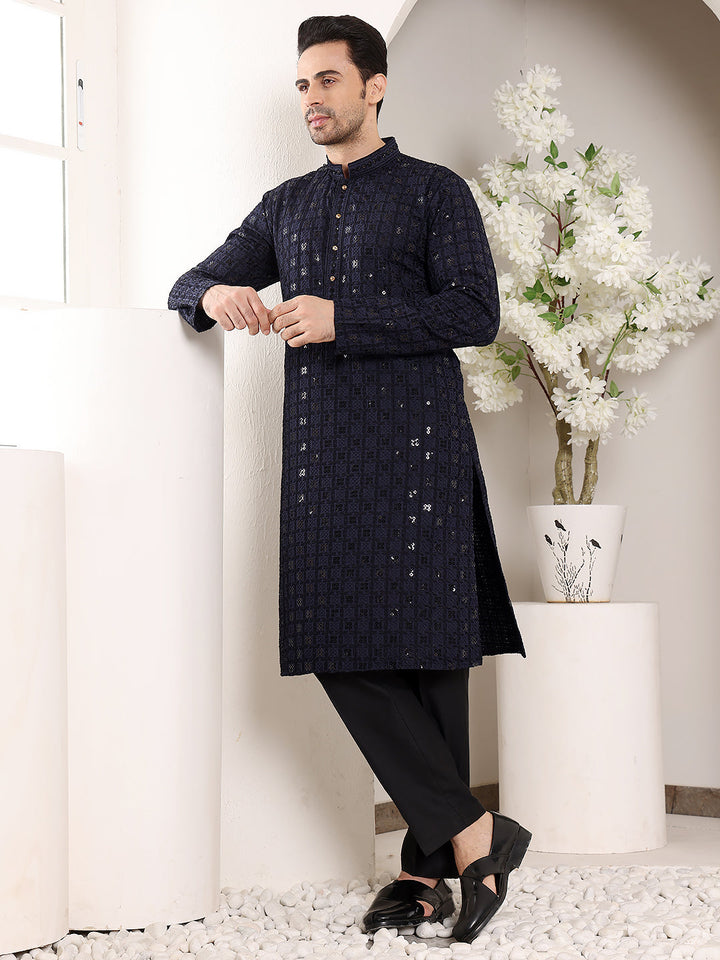 Men's Long Sleeve Mandarin Collar Black Straight Viscose Silk Kurta with Embroidered Neckline and Motifs | SHOBITAM
