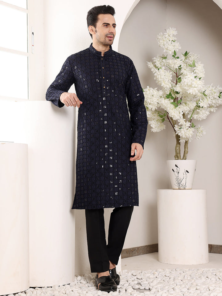 Men's Long Sleeve Mandarin Collar Black Straight Viscose Silk Kurta with Embroidered Neckline and Motifs | SHOBITAM