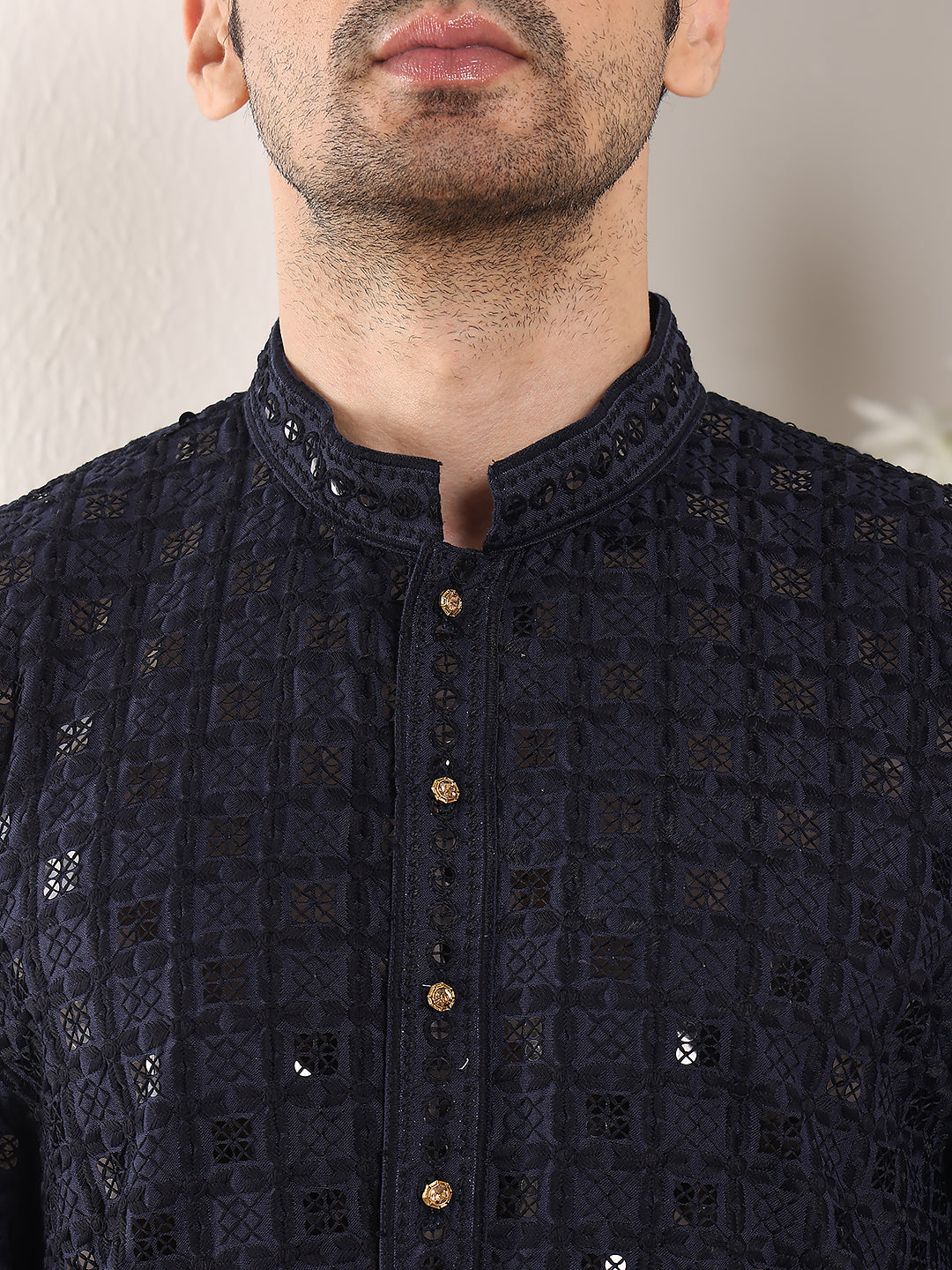 Men's Long Sleeve Mandarin Collar Black Straight Viscose Silk Kurta with Embroidered Neckline and Motifs | SHOBITAM