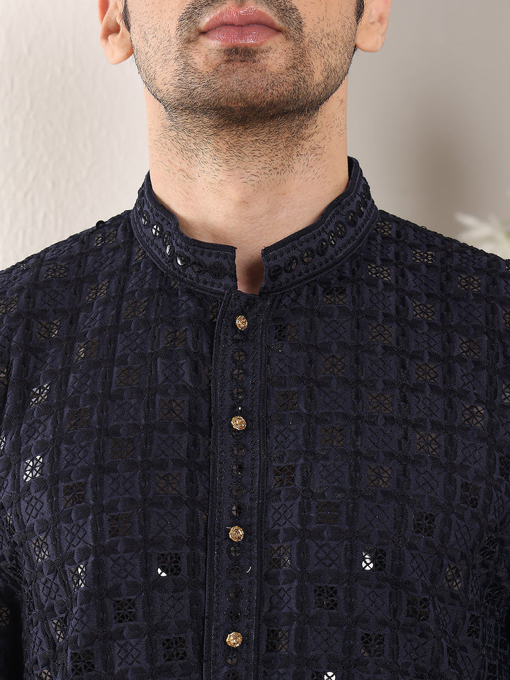 Men's Long Sleeve Mandarin Collar Black Straight Viscose Silk Kurta with Embroidered Neckline and Motifs | SHOBITAM