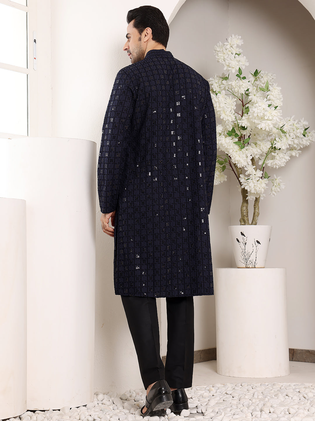 Men's Long Sleeve Mandarin Collar Black Straight Viscose Silk Kurta with Embroidered Neckline and Motifs | SHOBITAM