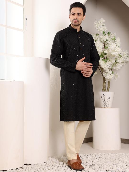 Men's Long Sleeve Black Straight Viscose Silk Kurta with Embroidered Neckline and Motifs and Ivory Solid Churidar | SHOBITAM