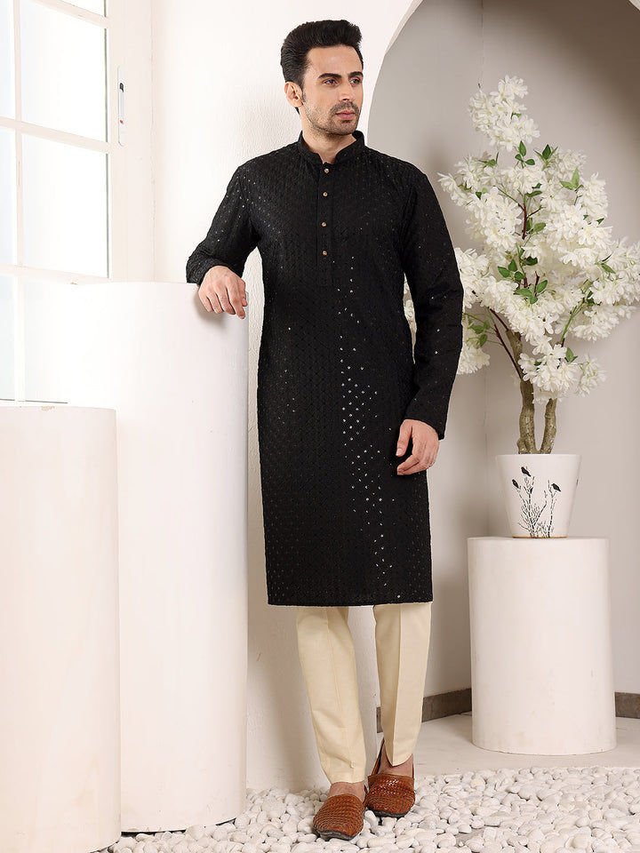 Men's Long Sleeve Mandarin Collar Black Straight Viscose Silk Kurta with Embroidered Neckline and Motifs | SHOBITAM