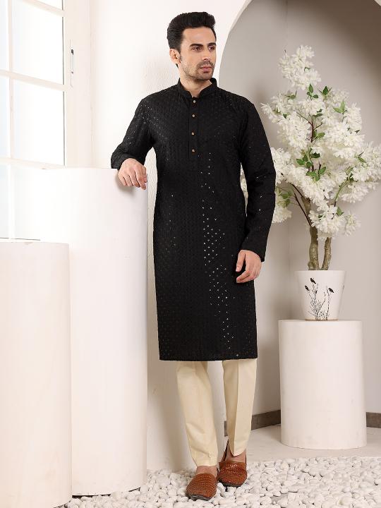 Men's Long Sleeve Black Straight Viscose Silk Kurta with Embroidered Neckline and Motifs and Ivory Solid Churidar | SHOBITAM