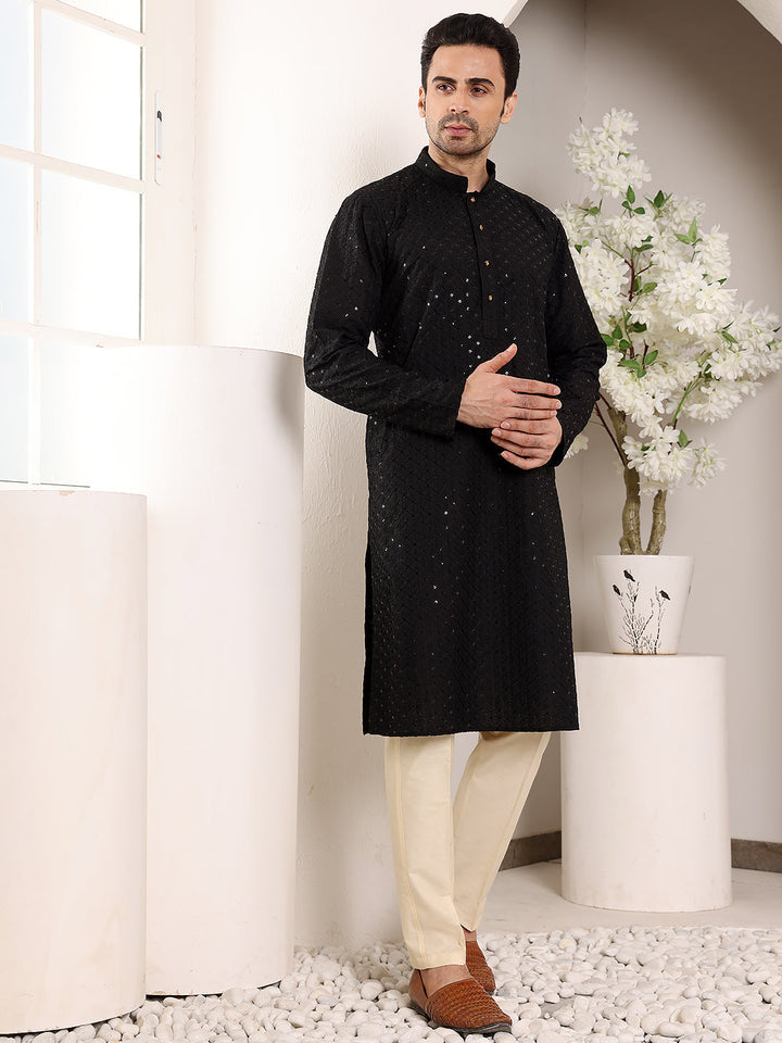Men's Long Sleeve Mandarin Collar Black Straight Viscose Silk Kurta with Embroidered Neckline and Motifs | SHOBITAM