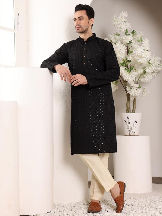 Men's Long Sleeve Black Straight Viscose Silk Kurta with Embroidered Neckline and Motifs and Ivory Solid Churidar | SHOBITAM