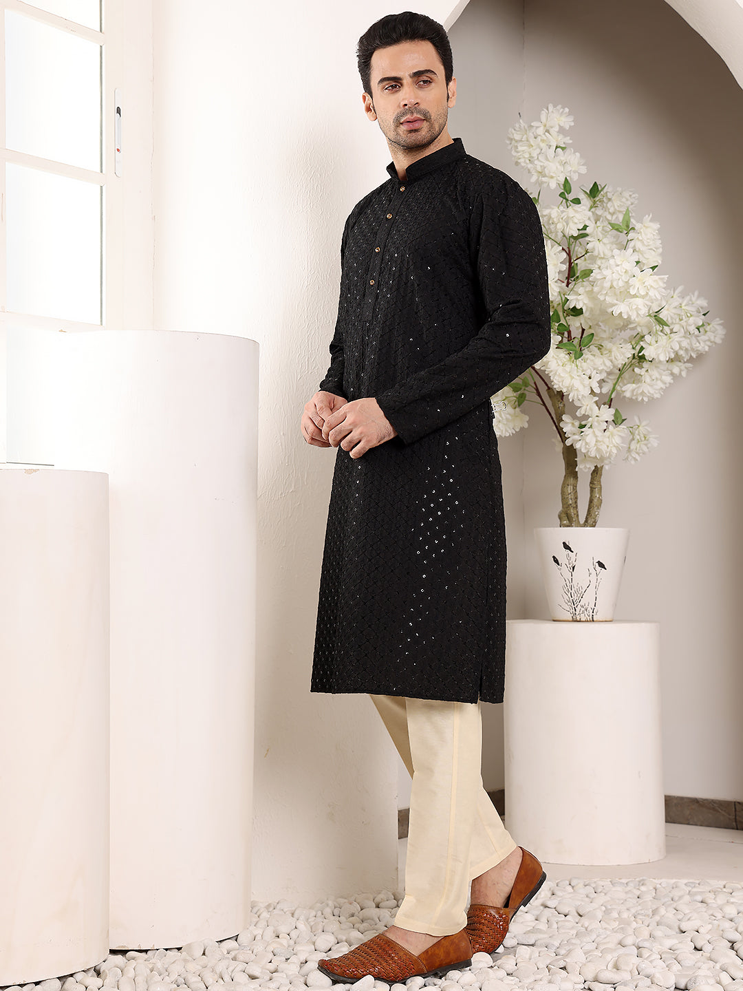 Men's Long Sleeve Mandarin Collar Black Straight Viscose Silk Kurta with Embroidered Neckline and Motifs | SHOBITAM