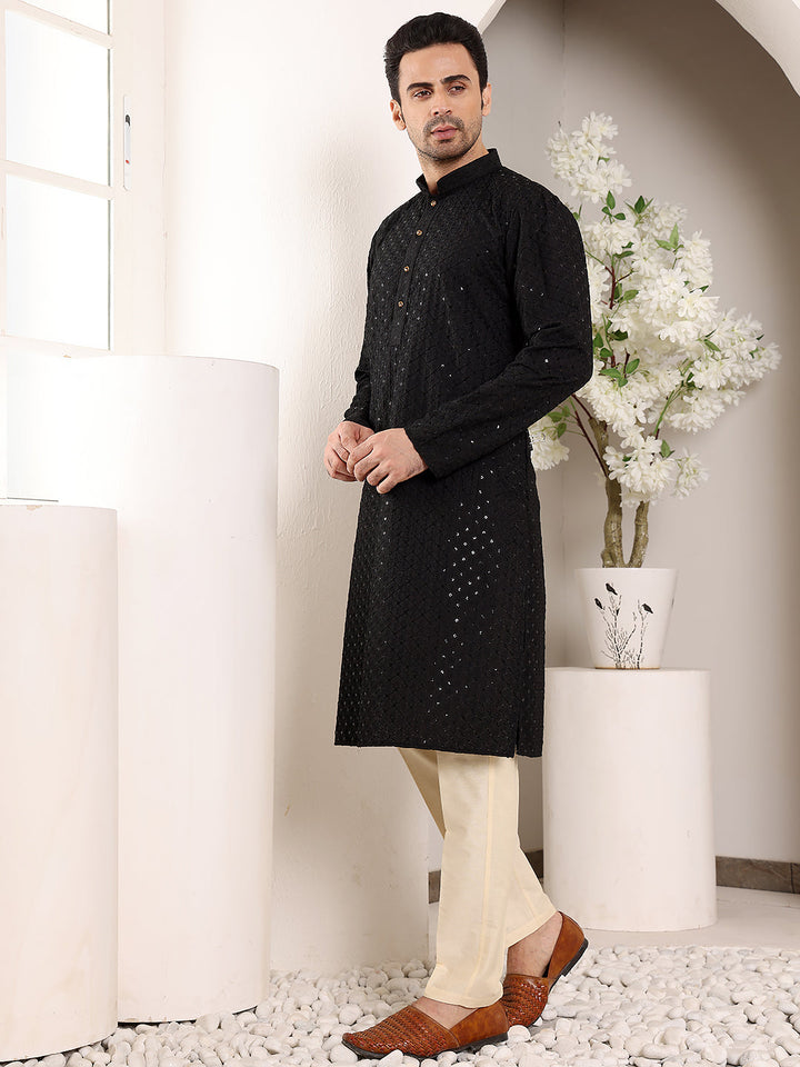 Men's Long Sleeve Mandarin Collar Black Straight Viscose Silk Kurta with Embroidered Neckline and Motifs | SHOBITAM