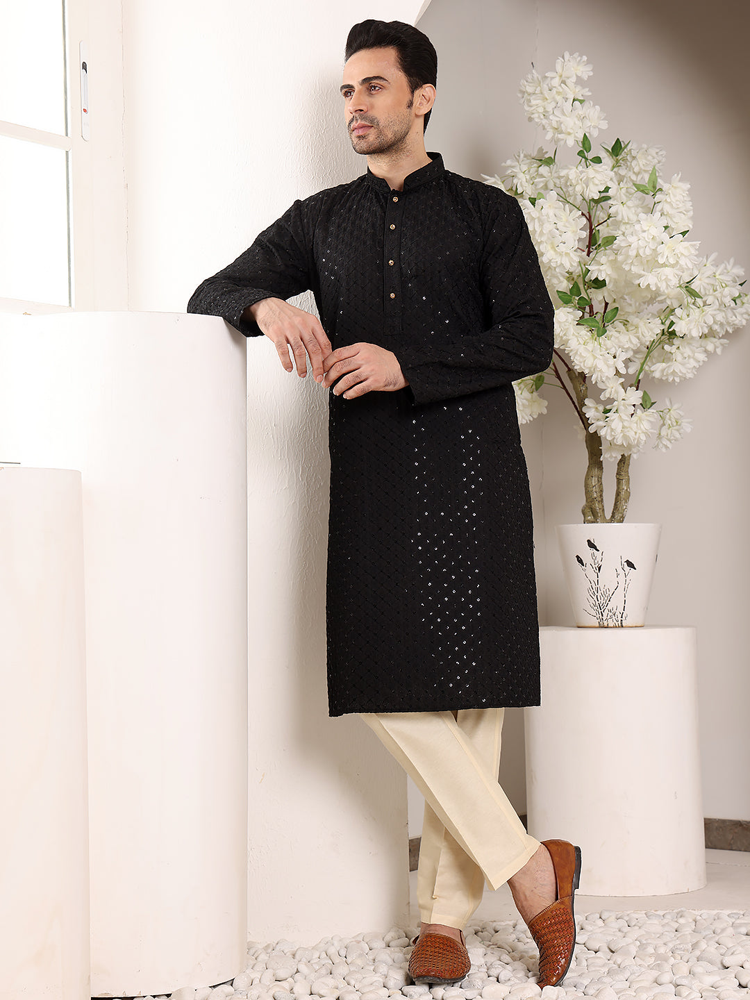 Men's Long Sleeve Mandarin Collar Black Straight Viscose Silk Kurta with Embroidered Neckline and Motifs | SHOBITAM