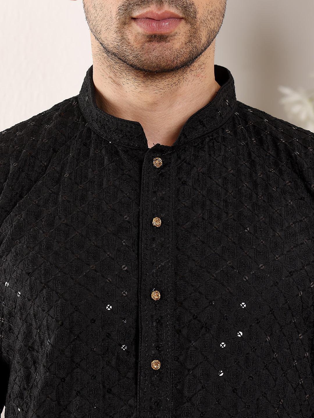 Men's Long Sleeve Mandarin Collar Black Straight Viscose Silk Kurta with Embroidered Neckline and Motifs | SHOBITAM