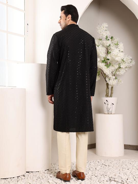 Men's Long Sleeve Black Straight Viscose Silk Kurta with Embroidered Neckline and Motifs and Ivory Solid Churidar | SHOBITAM