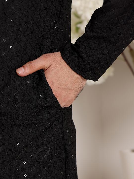 Men's Long Sleeve Black Straight Viscose Silk Kurta with Embroidered Neckline and Motifs and Ivory Solid Churidar | SHOBITAM