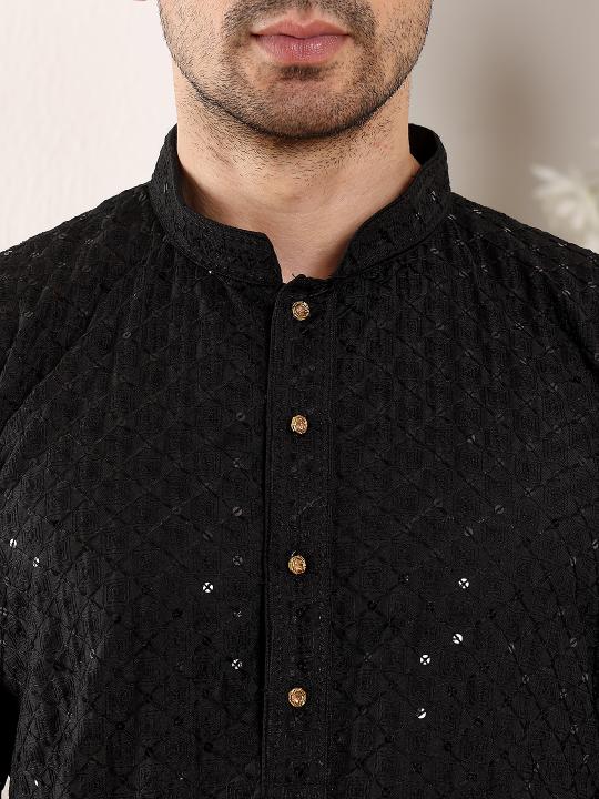 Men's Long Sleeve Black Straight Viscose Silk Kurta with Embroidered Neckline and Motifs and Ivory Solid Churidar | SHOBITAM