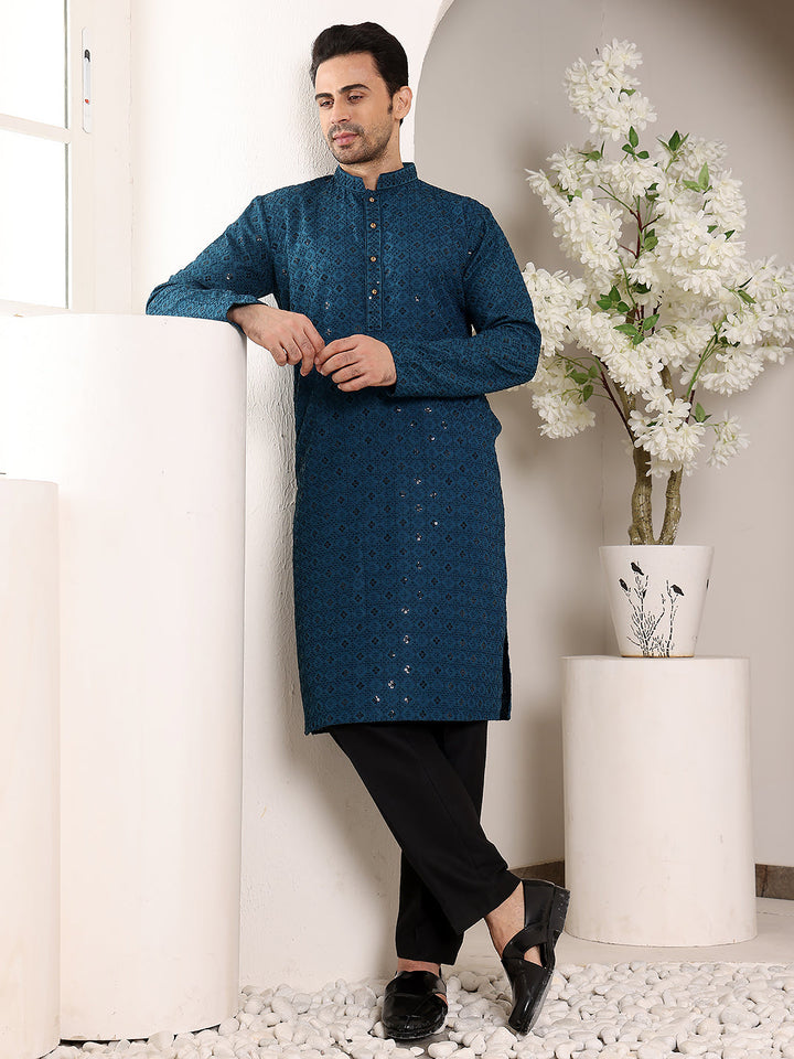 Men's Long Sleeve Mandarin Collar Blue Straight Viscose Silk Kurta with Embroidered Neckline and Motifs | SHOBITAM