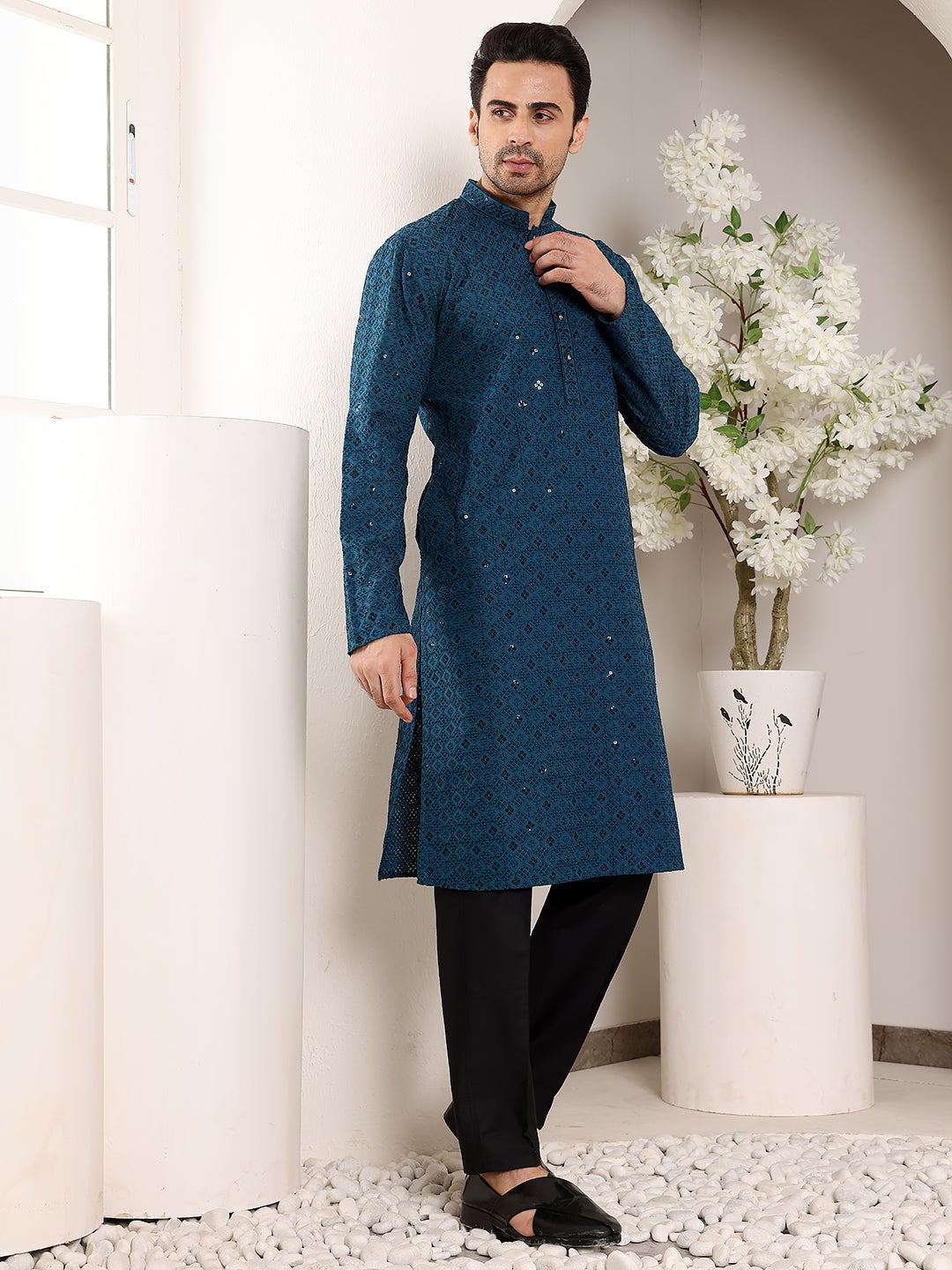 Men's Long Sleeve Mandarin Collar Blue Straight Viscose Silk Kurta with Embroidered Neckline and Motifs | SHOBITAM