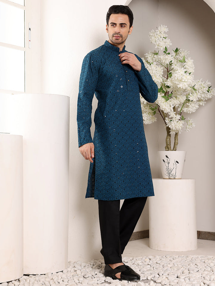 Men's Long Sleeve Mandarin Collar Blue Straight Viscose Silk Kurta with Embroidered Neckline and Motifs | SHOBITAM