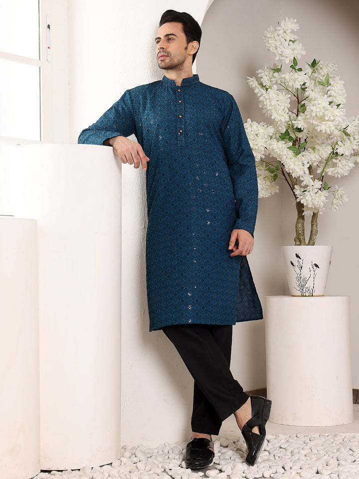 Men's Long Sleeve Mandarin Collar Blue Straight Viscose Silk Kurta with Embroidered Neckline and Motifs | SHOBITAM