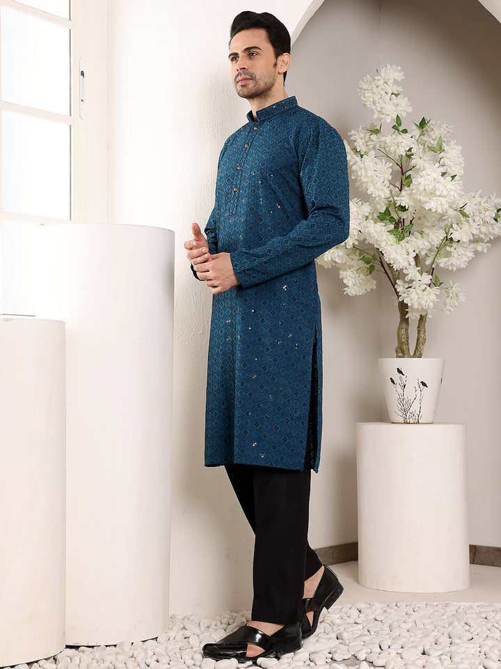Men's Long Sleeve Mandarin Collar Blue Straight Viscose Silk Kurta with Embroidered Neckline and Motifs | SHOBITAM