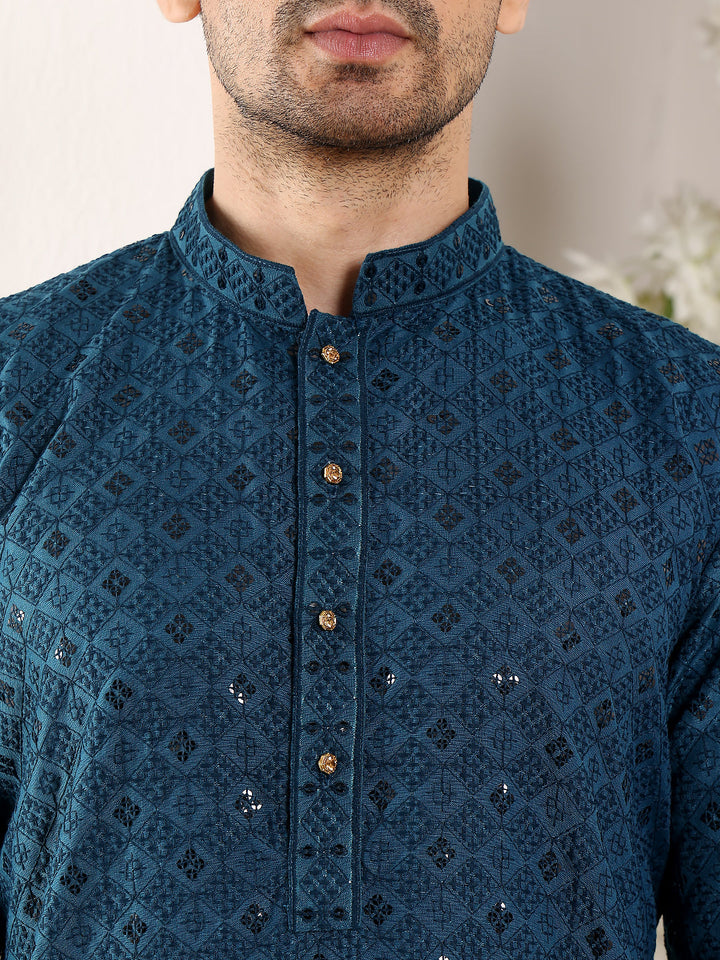 Men's Long Sleeve Mandarin Collar Blue Straight Viscose Silk Kurta with Embroidered Neckline and Motifs | SHOBITAM