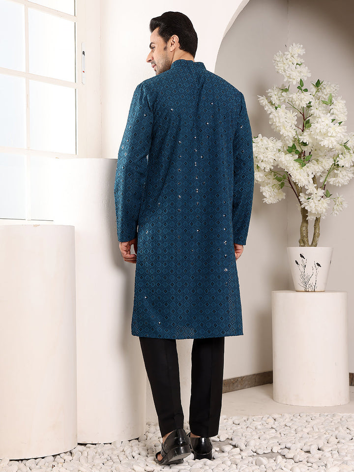 Men's Long Sleeve Mandarin Collar Blue Straight Viscose Silk Kurta with Embroidered Neckline and Motifs | SHOBITAM