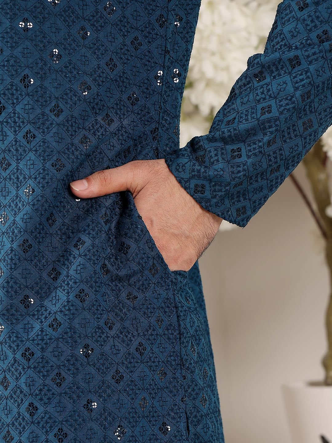Men's Long Sleeve Mandarin Collar Blue Straight Viscose Silk Kurta with Embroidered Neckline and Motifs | SHOBITAM