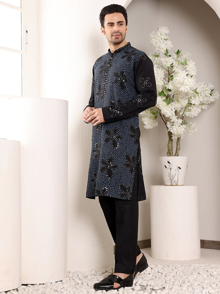 Men's Long Sleeve Mandarin Collar Blue Straight Rayon Silk Kurta with Embroidered Neckline and Motifs | SHOBITAM