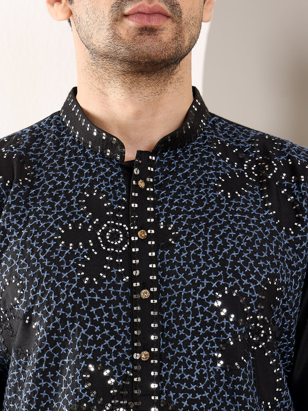 Men's Long Sleeve Mandarin Collar Blue Straight Rayon Silk Kurta with Embroidered Neckline and Motifs | SHOBITAM
