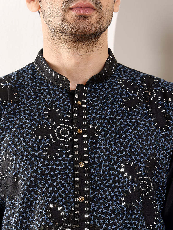 Men's Long Sleeve Mandarin Collar Blue Straight Rayon Silk Kurta with Embroidered Neckline and Motifs | SHOBITAM