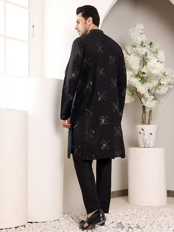 Men's Long Sleeve Mandarin Collar Blue Straight Rayon Silk Kurta with Embroidered Neckline and Motifs | SHOBITAM