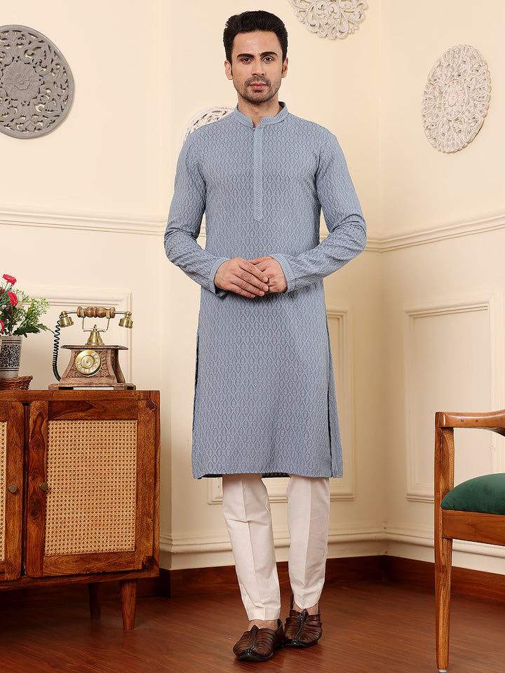 Men's Long Sleeve Mandarin Collar Rayon Silk Straight Classic Grey Chikankari Kurta | SHOBITAM