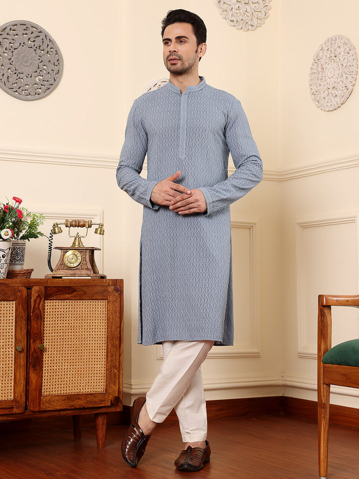 Men's Long Sleeve Mandarin Collar Rayon Silk Straight Classic Grey Chikankari Kurta | SHOBITAM
