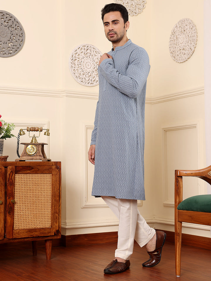 Men's Long Sleeve Mandarin Collar Rayon Silk Straight Classic Grey Chikankari Kurta | SHOBITAM
