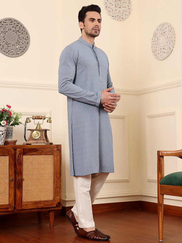 Men's Long Sleeve Mandarin Collar Rayon Silk Straight Classic Grey Chikankari Kurta | SHOBITAM