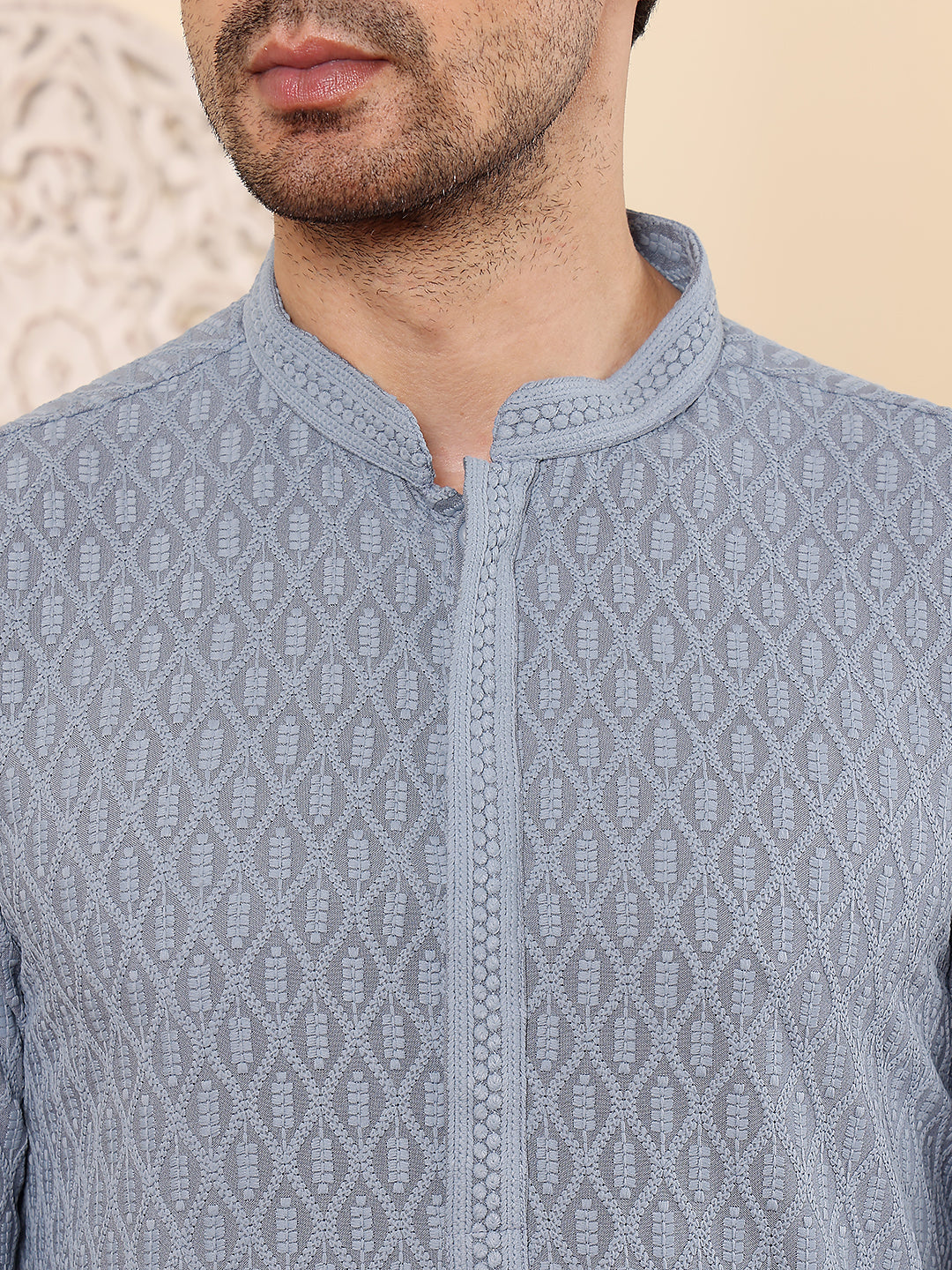 Men's Long Sleeve Mandarin Collar Rayon Silk Straight Classic Grey Chikankari Kurta | SHOBITAM