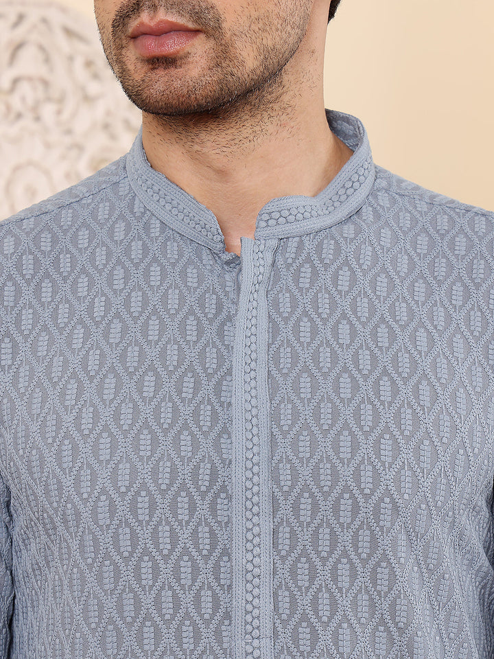 Men's Long Sleeve Mandarin Collar Rayon Silk Straight Classic Grey Chikankari Kurta | SHOBITAM