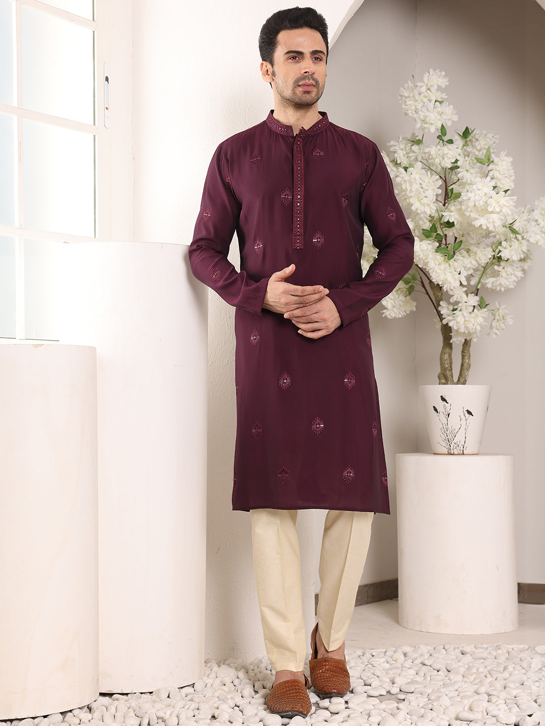 Men's Long Sleeve Mandarin Collar Purple Straight Viscose Silk Kurta with Embroidered Neckline and Motifs | SHOBITAM