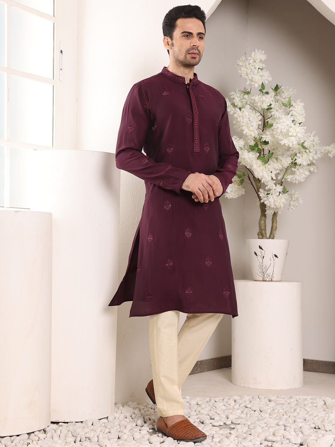 Men's Long Sleeve Mandarin Collar Purple Straight Viscose Silk Kurta with Embroidered Neckline and Motifs | SHOBITAM