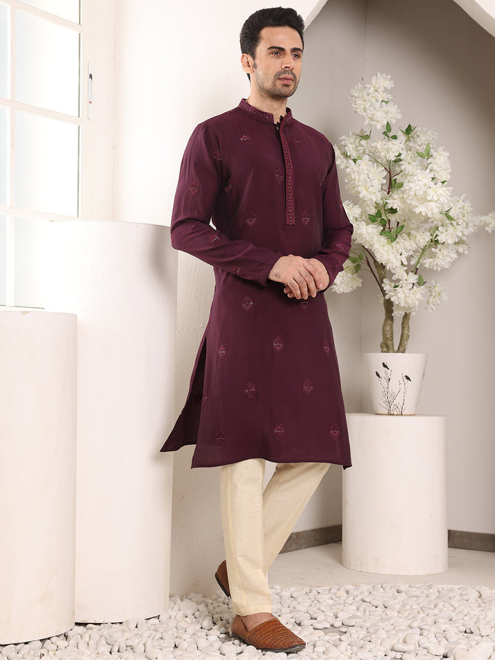 Men's Long Sleeve Mandarin Collar Purple Straight Viscose Silk Kurta with Embroidered Neckline and Motifs | SHOBITAM