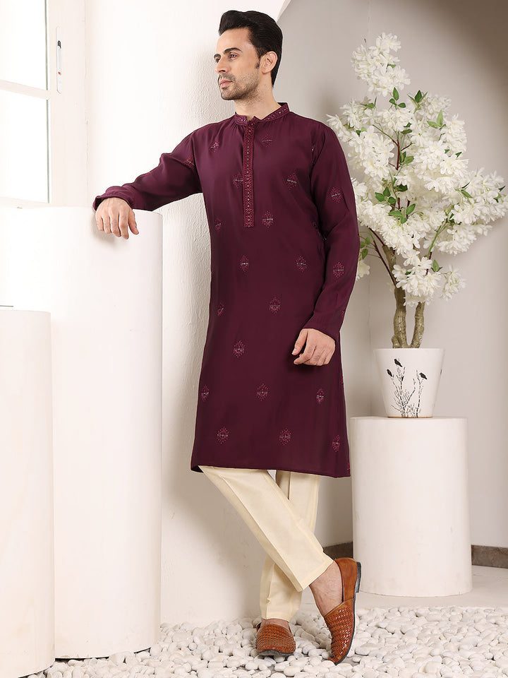 Men's Long Sleeve Mandarin Collar Purple Straight Viscose Silk Kurta with Embroidered Neckline and Motifs | SHOBITAM