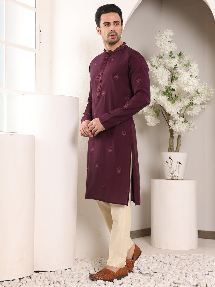 Men's Long Sleeve Mandarin Collar Purple Straight Viscose Silk Kurta with Embroidered Neckline and Motifs | SHOBITAM