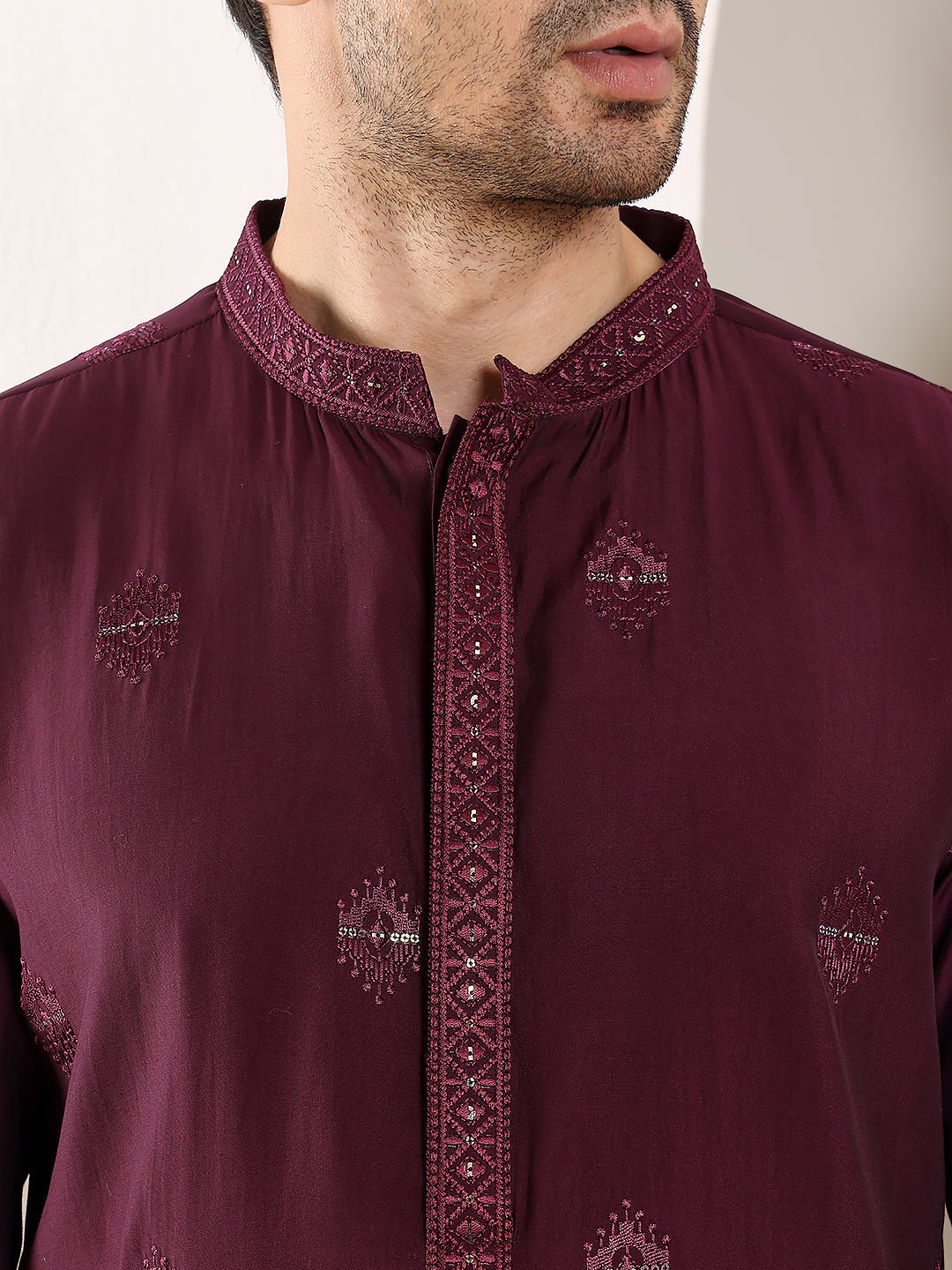 Men's Long Sleeve Mandarin Collar Purple Straight Viscose Silk Kurta with Embroidered Neckline and Motifs | SHOBITAM
