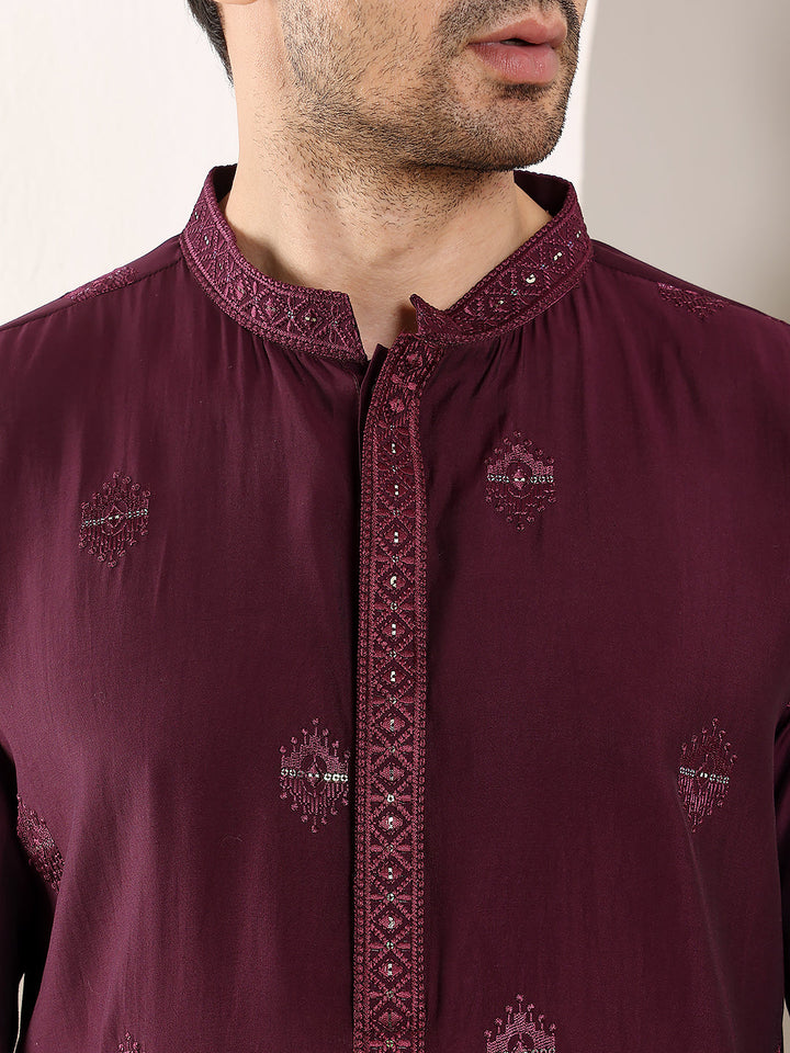 Men's Long Sleeve Mandarin Collar Purple Straight Viscose Silk Kurta with Embroidered Neckline and Motifs | SHOBITAM