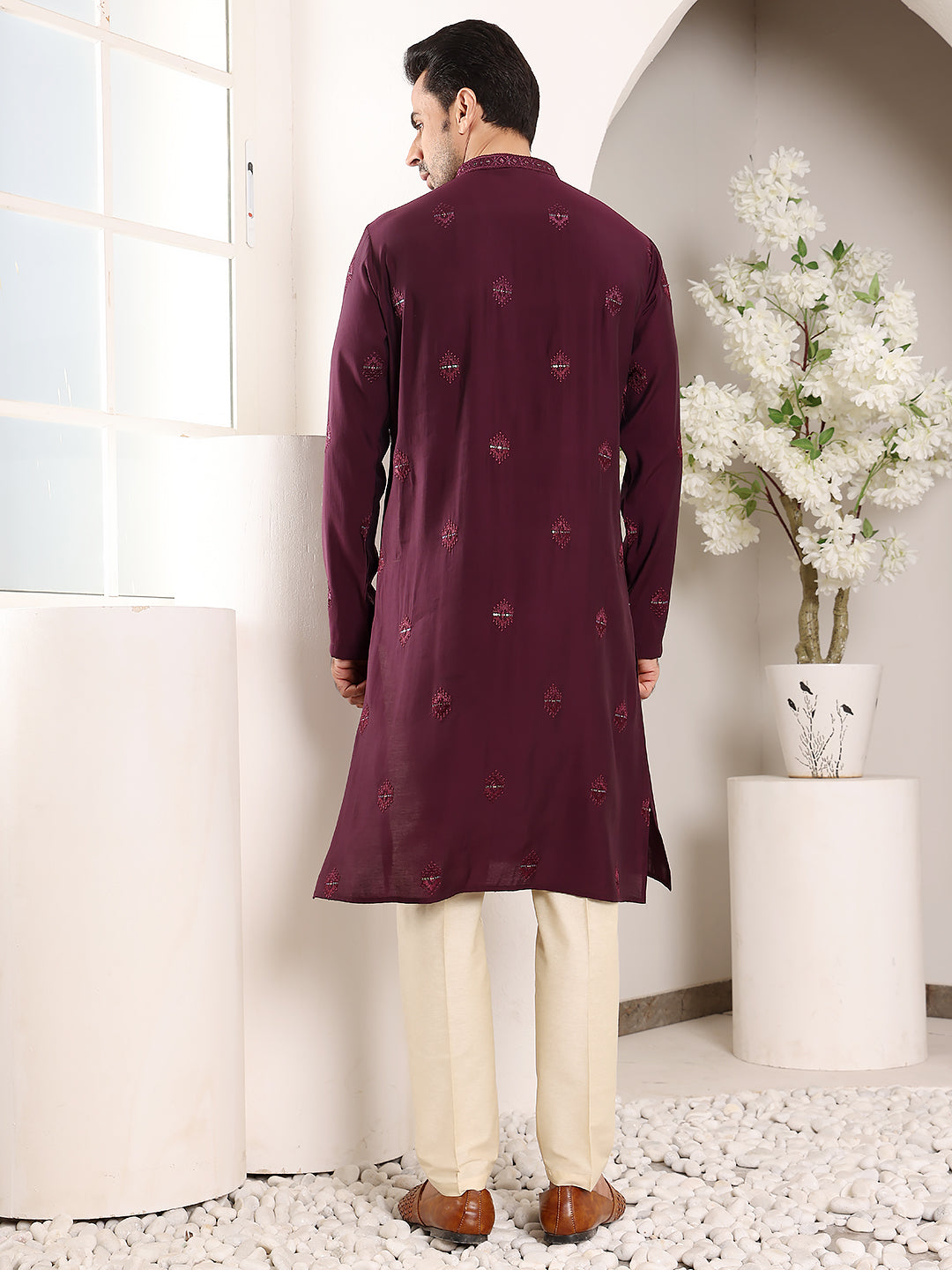 Men's Long Sleeve Mandarin Collar Purple Straight Viscose Silk Kurta with Embroidered Neckline and Motifs | SHOBITAM