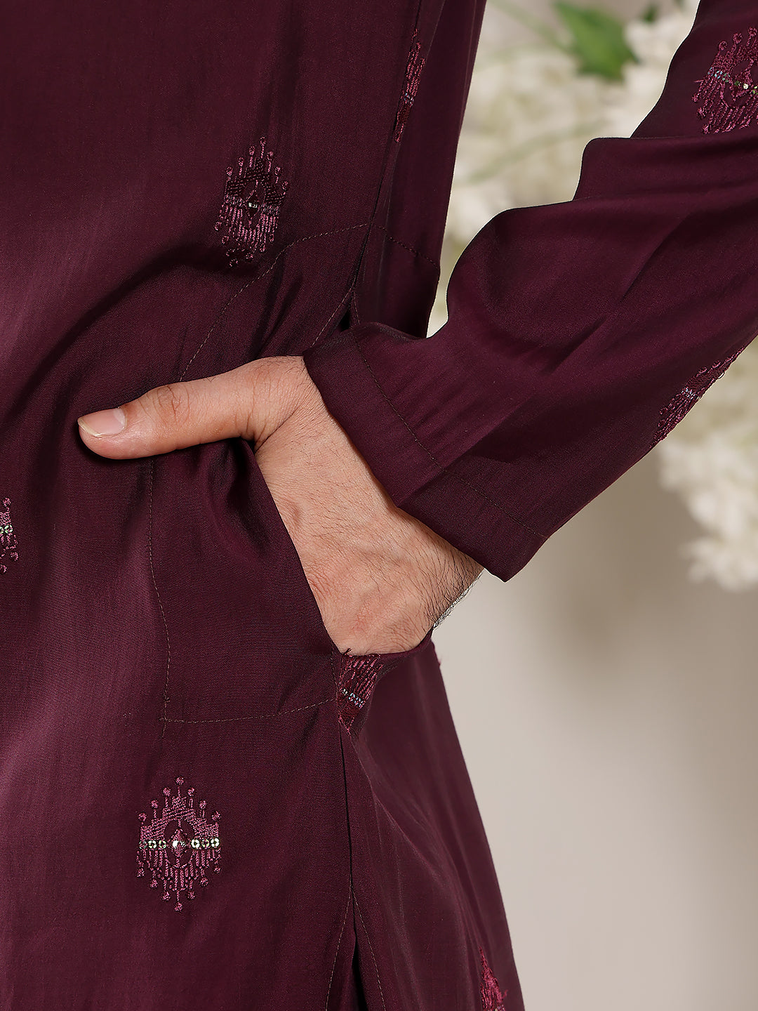 Men's Long Sleeve Mandarin Collar Purple Straight Viscose Silk Kurta with Embroidered Neckline and Motifs | SHOBITAM